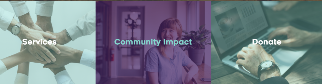 services, community impact and donation buttons